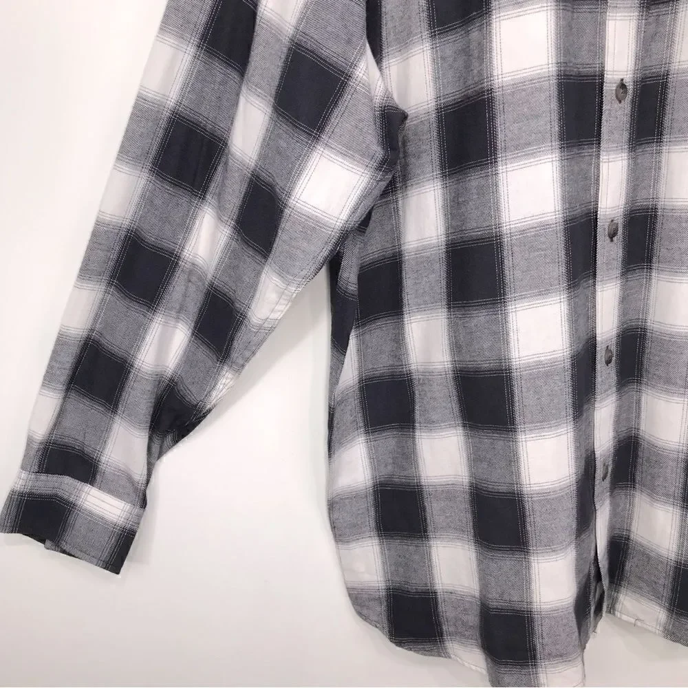 Blue Mountain Charcoal Gray White Plaid Flannel Button Down Casual Shirt